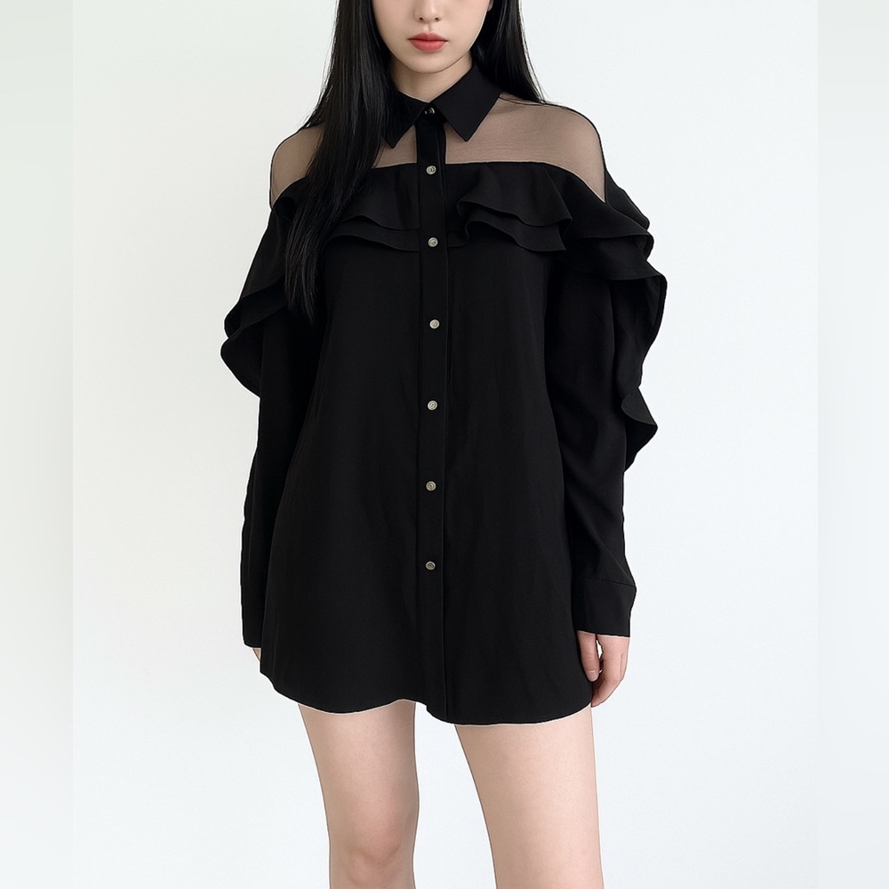WHY NWT‎ Black Sheer Mesh Cold Shoulder Ruffle Button Up Mini Dress Blouse Small